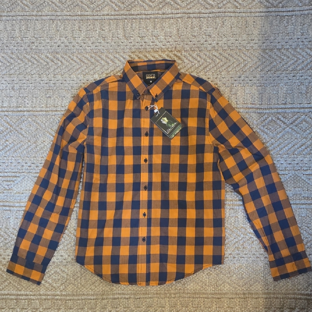 Eighth Avenue Men's Navy and Orange Checkered Shirt